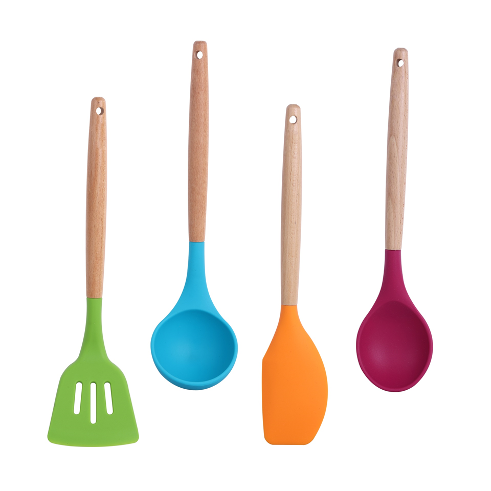 4 utensilios de silicona con mango de madera ENZA UTE01